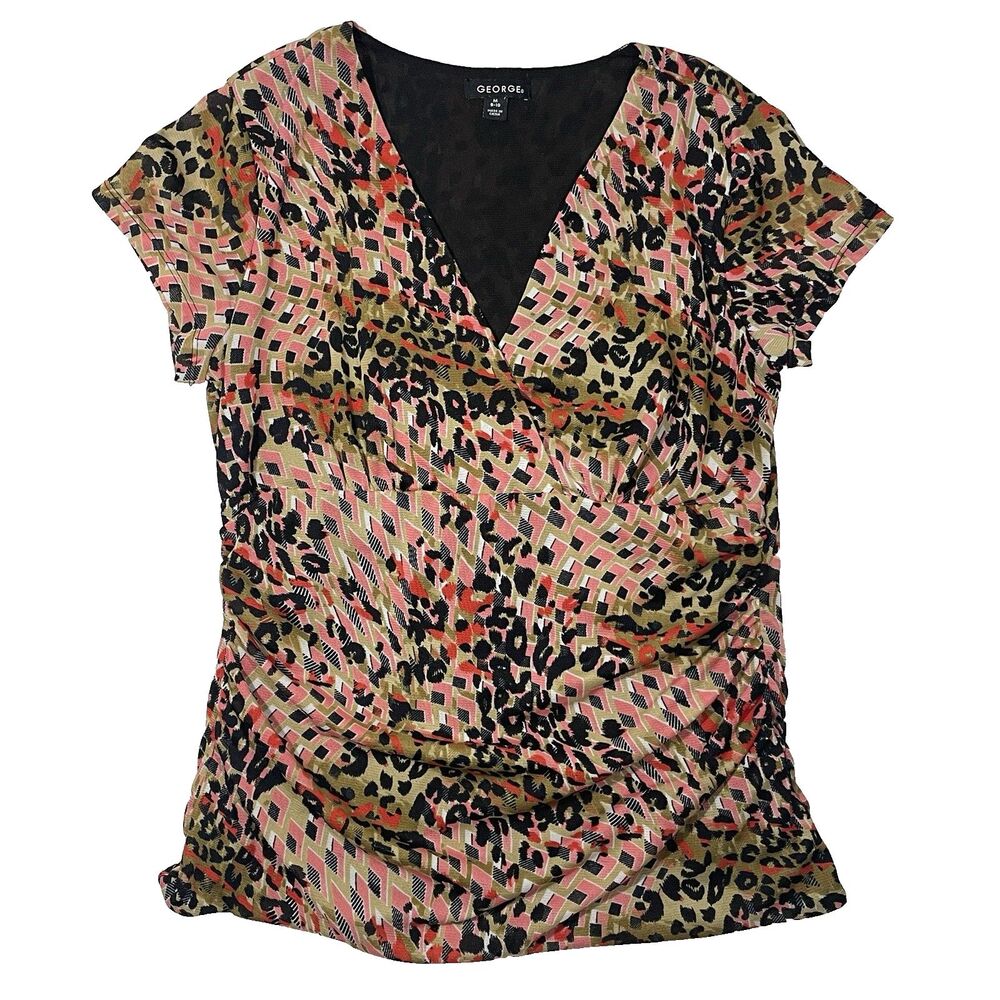 Y2K George Blouse Black Coral Geometric Cinched Sides Low V Top Size Medium